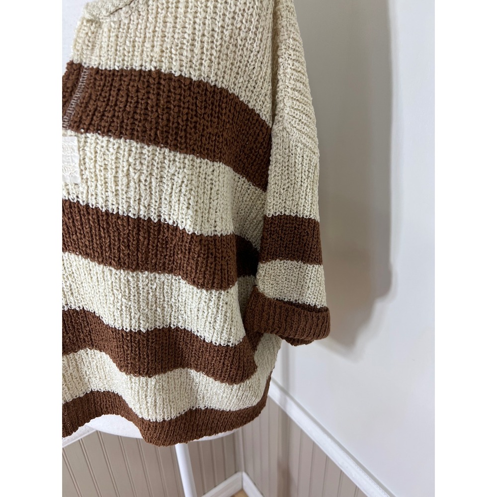 Zenana Striped Knit Sweater Deep Camel Cream V-Neck Short Sleeve L/XL - Picture 8 of 13